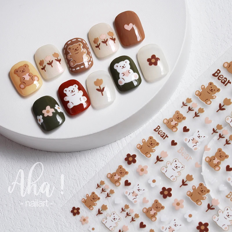 1pc Cartoon Kawaii Dinosaur bear animal Nail Art Sticker rabbit Floret Ultra-thin Japanese Decal Self Adhesive Manicure Decor #3