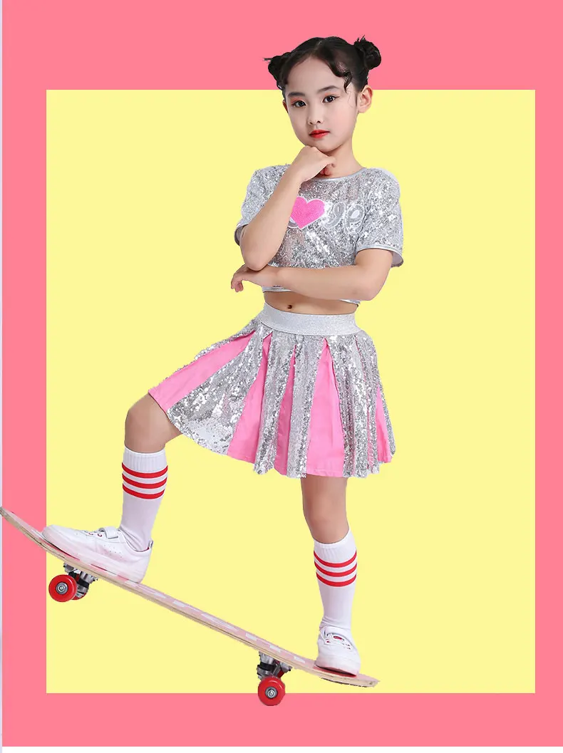 Girl Jazz Dance Costumes Kid Stage Dancing Sparkling Sequin Hip Hop for Girls Modern Ballroom Dance Child Cheerleading Costume