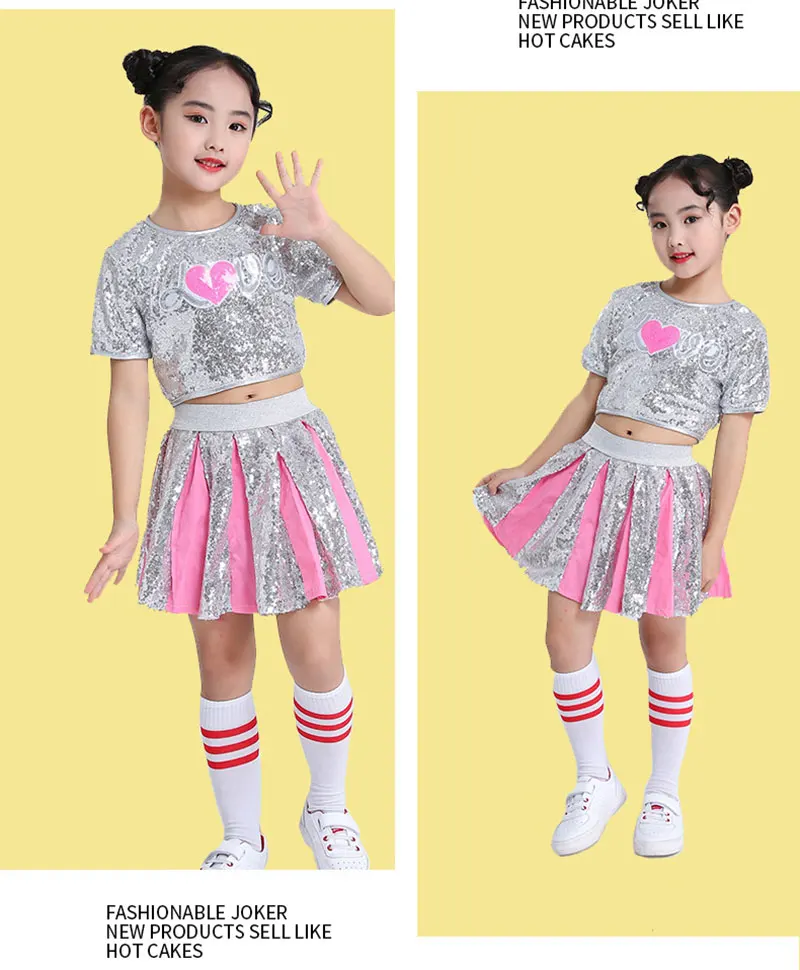 Girl Jazz Dance Costumes Kid Stage Dancing Sparkling Sequin Hip Hop for Girls Modern Ballroom Dance Child Cheerleading Costume