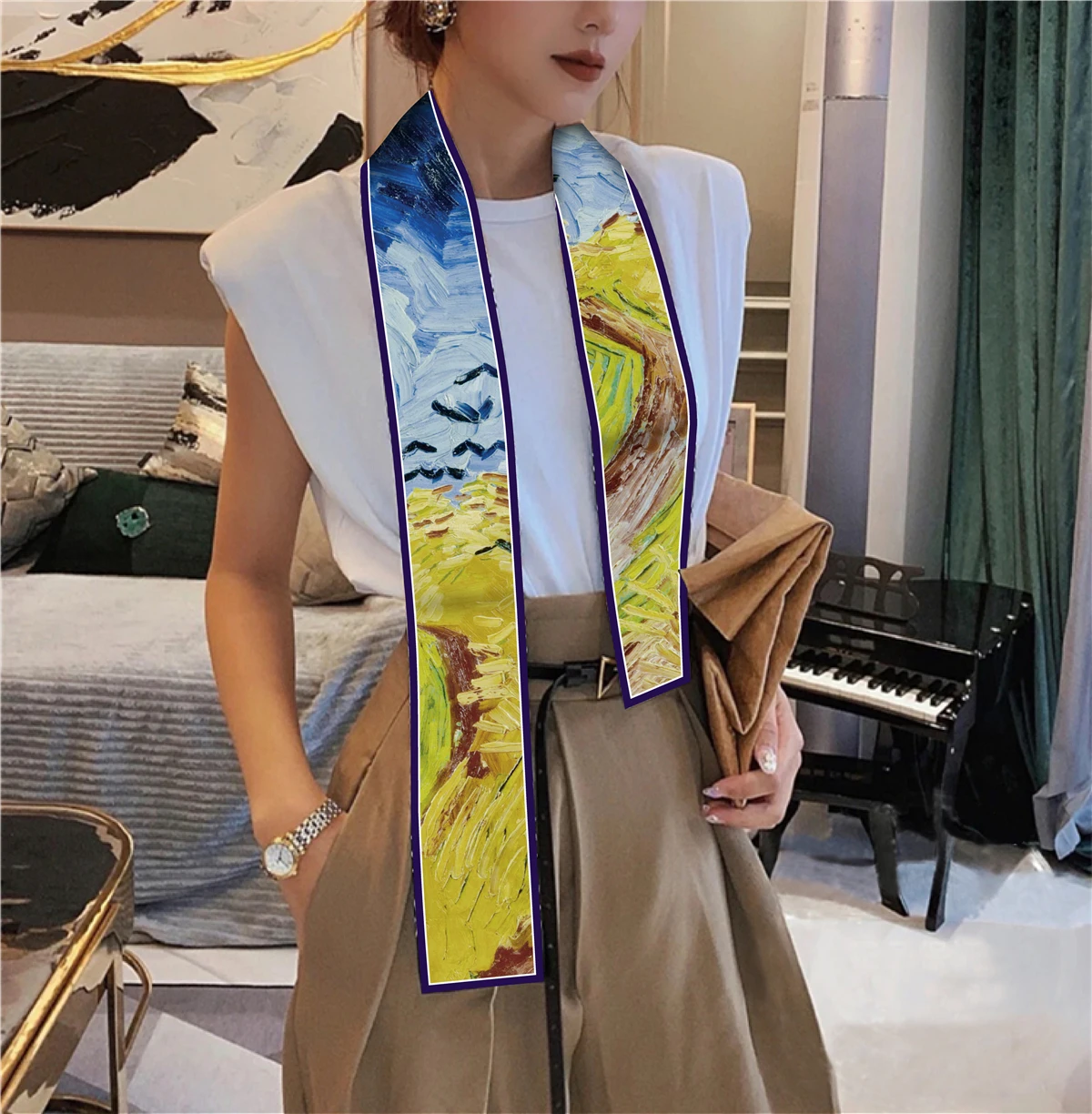 Van Gogh Oil Painting Scarf New Scarf Women Bag Hair Skinny Silk Scarves Designgn Foulard Neckerchief Headband For Ladies