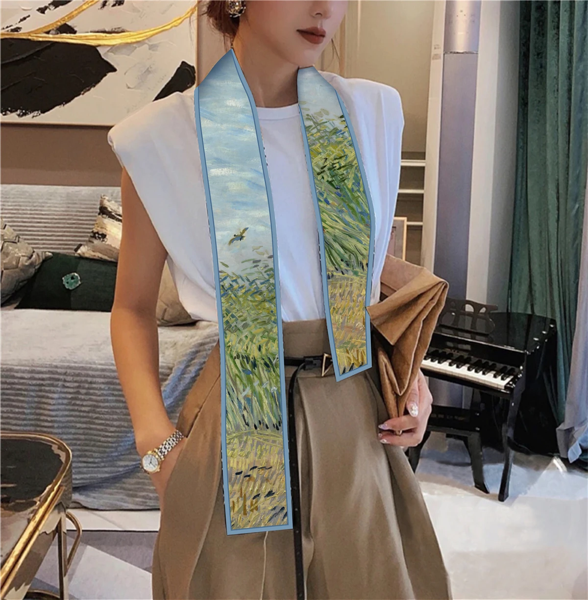 Van Gogh Oil Painting Scarf New Scarf Women Bag Hair Skinny Silk Scarves Designgn Foulard Neckerchief Headband For Ladies