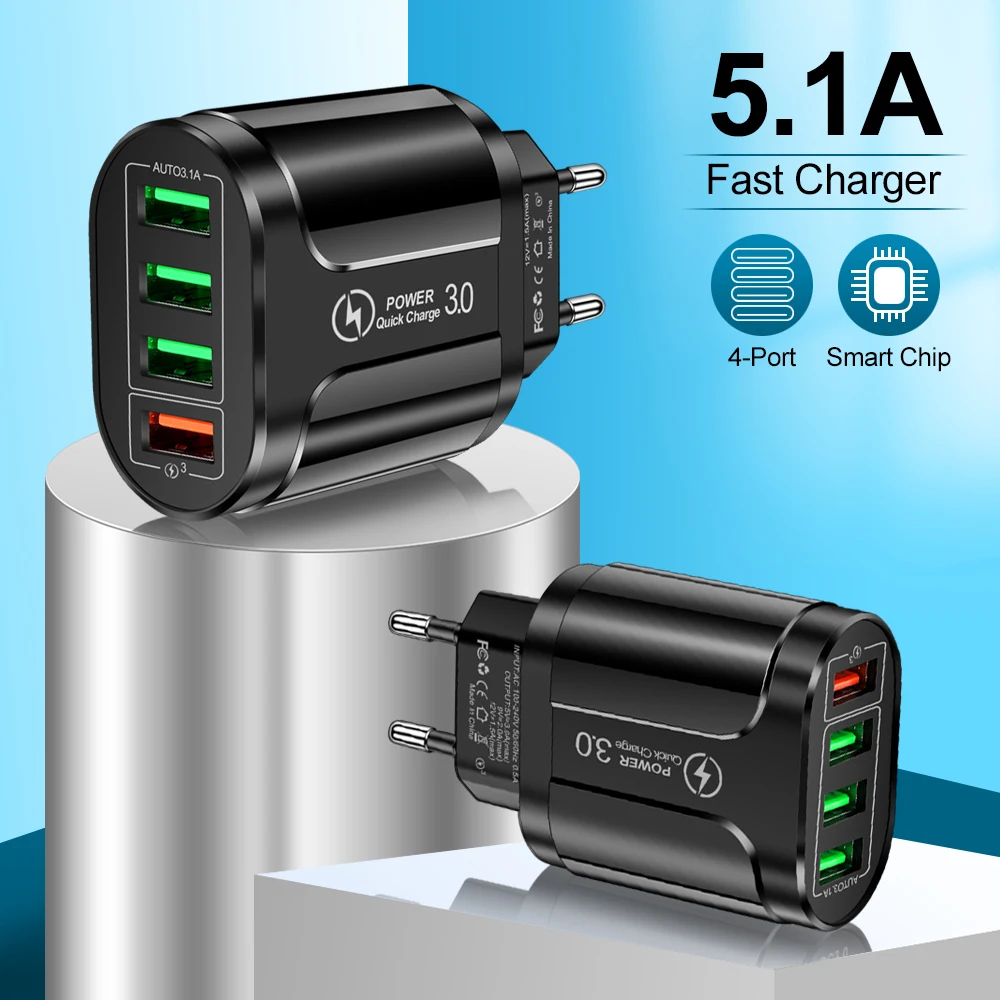 Vumpach 4 Ports USB Fast Charger Quick Charge 3.0 48W Wall Mobile Phone Fast Charging For iPhone Samsung Xiaomi Adapter Travel