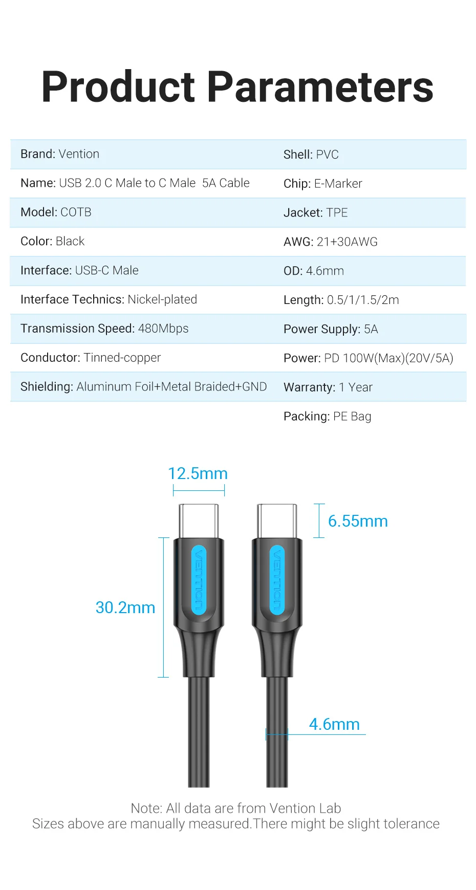 Vention 100W USB-C to USB Type C Cables for Samsung S20 PD Fast Charger Cable for Macbook Pro Support Quick Charge 4.0 Switch
