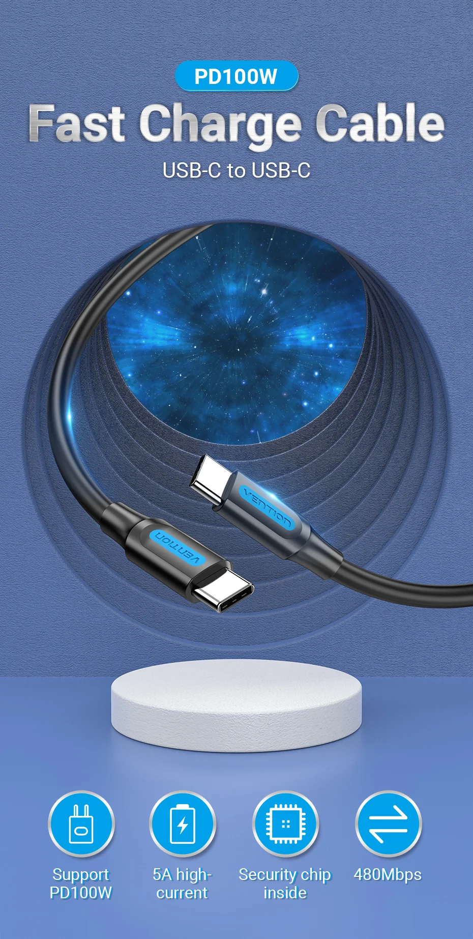 Vention 100W USB-C to USB Type C Cables for Samsung S20 PD Fast Charger Cable for Macbook Pro Support Quick Charge 4.0 Switch
