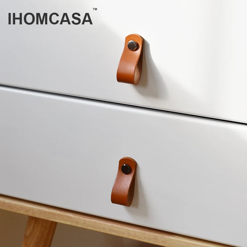 IHOMCASA Brass Furniture Cabinet Handle Drawer Door Knobs Kitchen Dresser Wardrobe Handle Cupboard Brown Leather Cabinet Pull