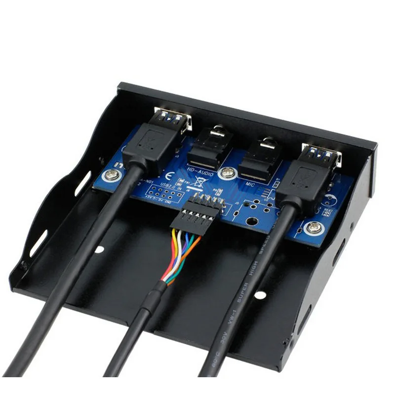 2 Port USB 3.0 Hub Splitter HD Audio 3.5mm Earphone Jack Mic Interface Front Panel Bracket Adapter for PC 20 Pin 3.5" Floppy Bay