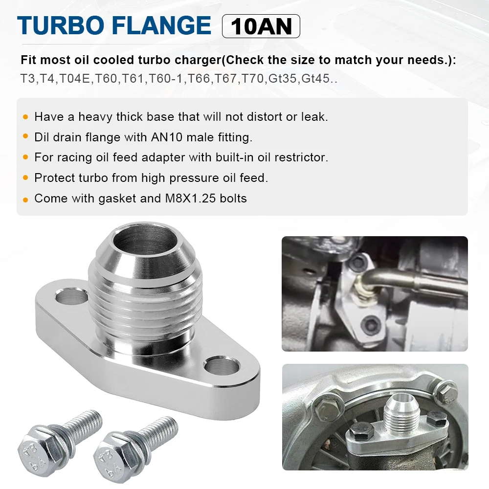 Turbo Timer Oil Drain Flange AN10 Bolt Distance 38mm Fits MHI TD02~TD06 / IHI RHF4 RHB4 RHB5 KKK K03 K04 Bolts Silver