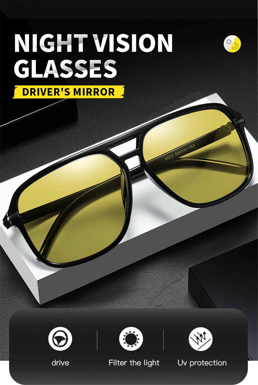 VIVIBEE Men Polarized Day Night Vision Glasses Retro Color Changing Square Oversized Yellow Goggles Women Driving Shades