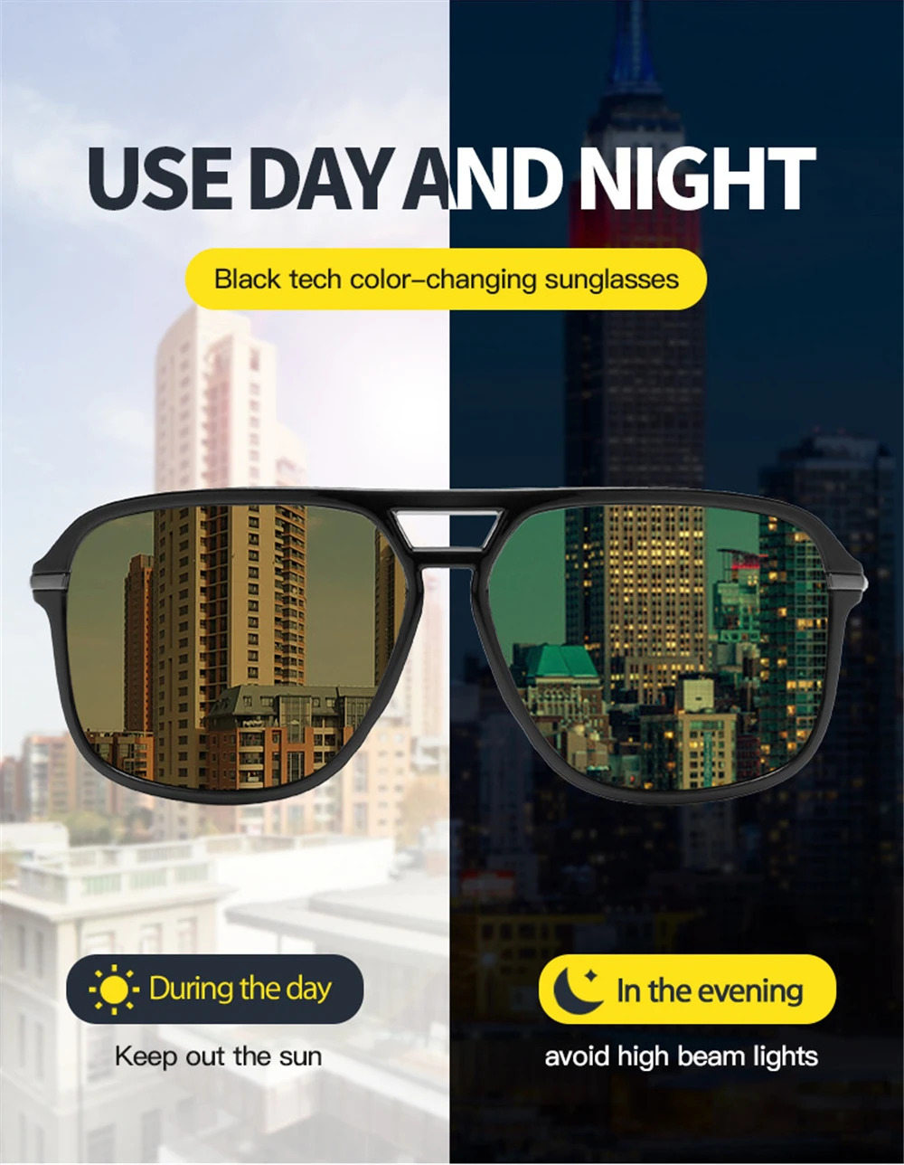 VIVIBEE Men Polarized Day Night Vision Glasses Retro Color Changing Square Oversized Yellow Goggles Women Driving Shades