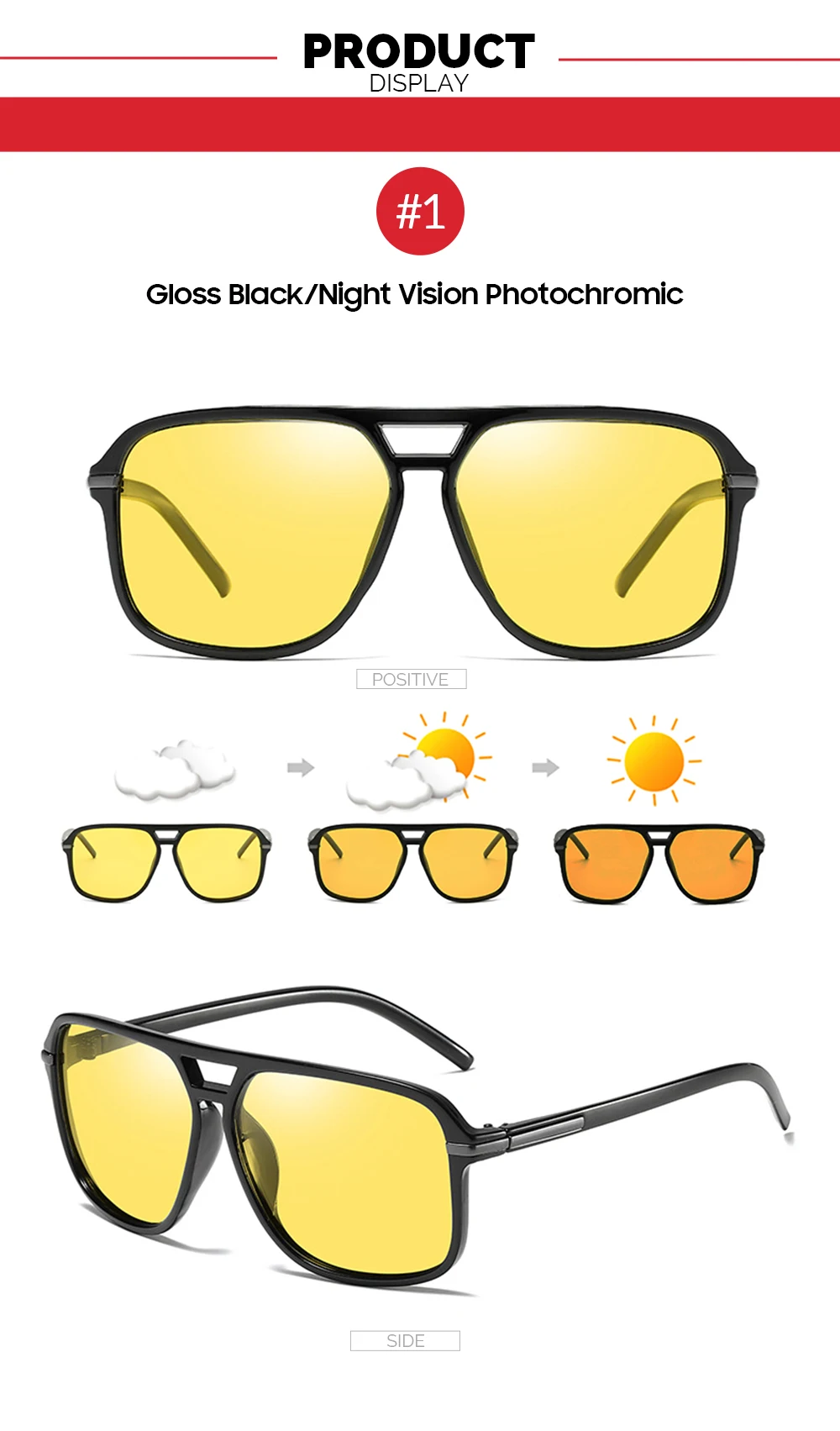 VIVIBEE Men Polarized Day Night Vision Glasses Retro Color Changing Square Oversized Yellow Goggles Women Driving Shades