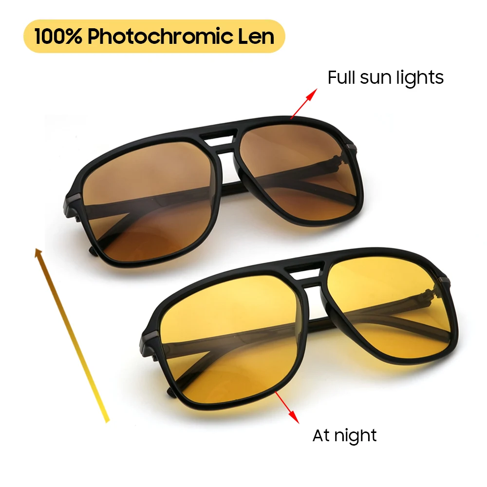 VIVIBEE Men Polarized Day Night Vision Glasses Retro Color Changing Square Oversized Yellow Goggles Women Driving Shades