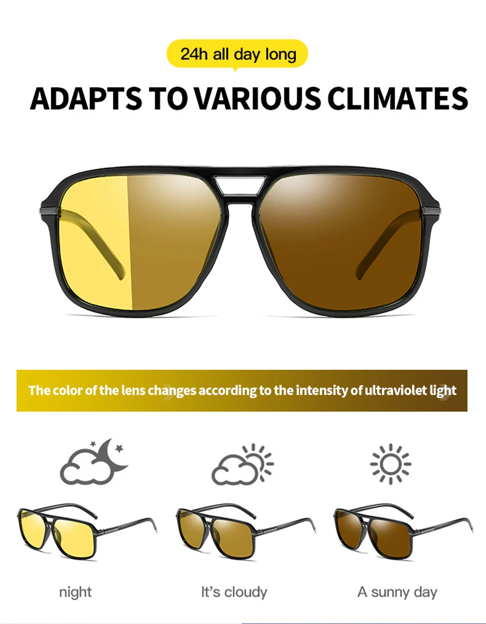 VIVIBEE Men Polarized Day Night Vision Glasses Retro Color Changing Square Oversized Yellow Goggles Women Driving Shades