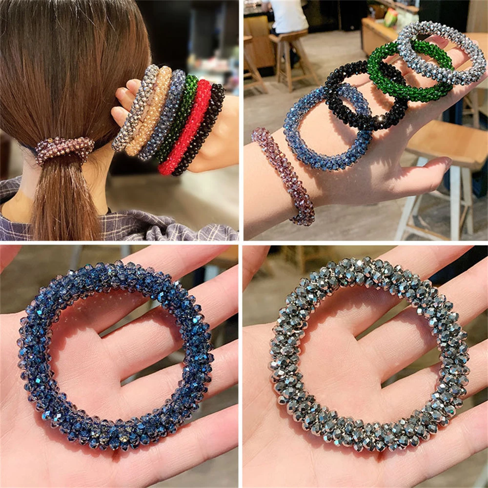 New Glitter Crystal Beads Hair Rope for Women Ponytail Scrunchies Elastic Hair Bands Beaded Rubber Hairband Hair Accessories