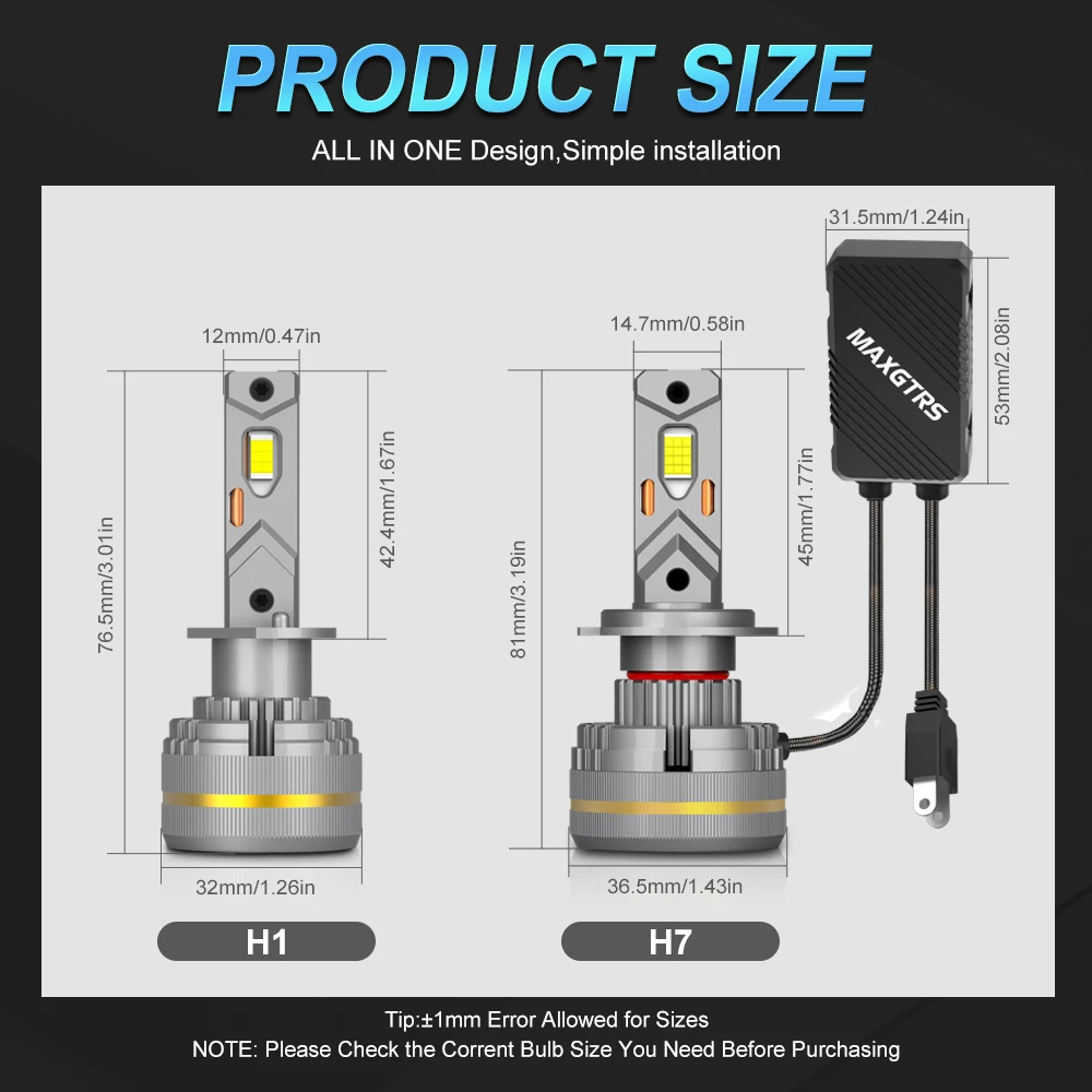 MAXGTRS 2X Turbo LED H4 9003 HB2 H1 H7 H8 H11 9005 9006 LED Beam Headlight Bulbs 200W Canbus Car Front Headlamp 6500K White 12V