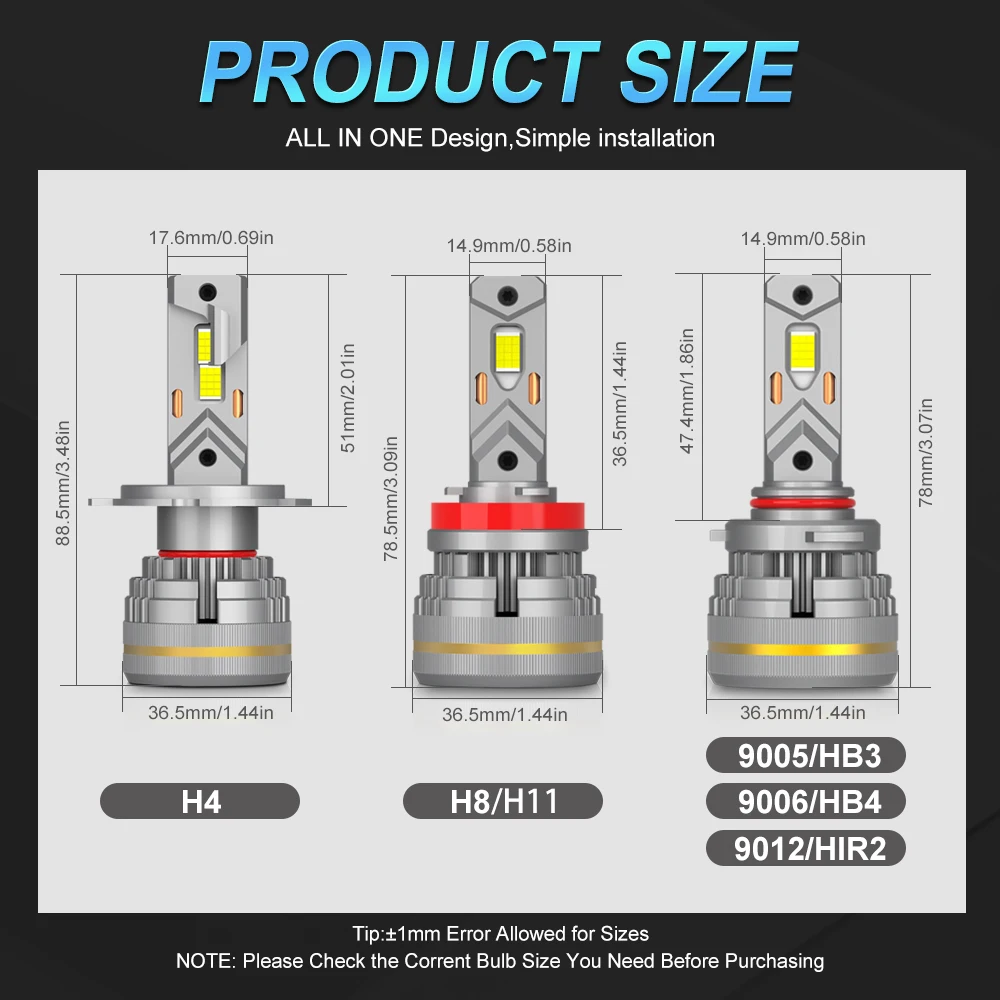 MAXGTRS 2X Turbo LED H4 9003 HB2 H1 H7 H8 H11 9005 9006 LED Beam Headlight Bulbs 200W Canbus Car Front Headlamp 6500K White 12V