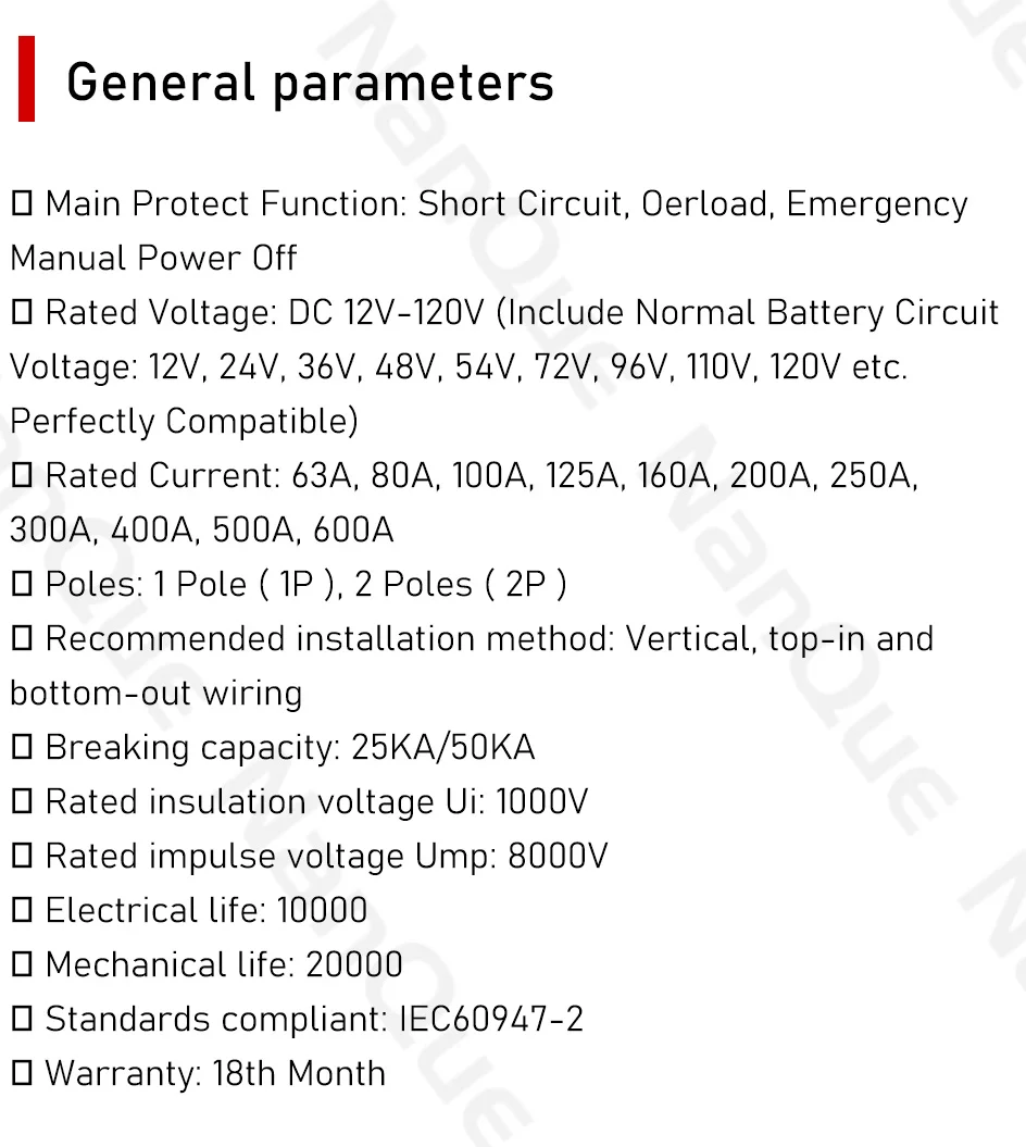 DC12V 24V 48V 60V 110V Circuit Breaker 100A 200A 300A 400A 600A Battery Protector B-type MCCB PV Car Power Short Ciruit Cut Off