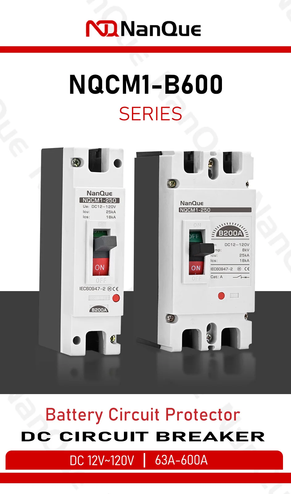 DC12V 24V 48V 60V 110V Circuit Breaker 100A 200A 300A 400A 600A Battery Protector B-type MCCB PV Car Power Short Ciruit Cut Off