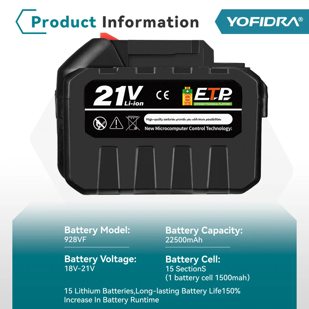 Yofidra 18-20V Rechargeable Lithium-Ion Battery For Cordless Drill/Saw/Screwdriver/Wrench/Angle Grinder Brushless Power Tools