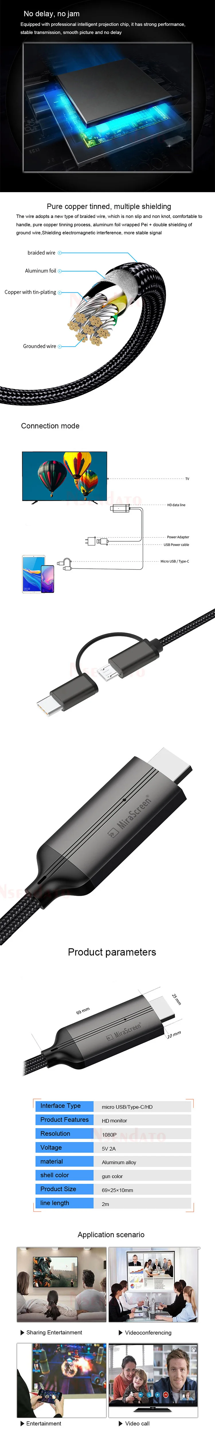 Mirascreen LD36 Wire HD Streaming Display TV Stick Dongle USB Type C Cable Plug Play Mirroring Screen for Andriod HDTV