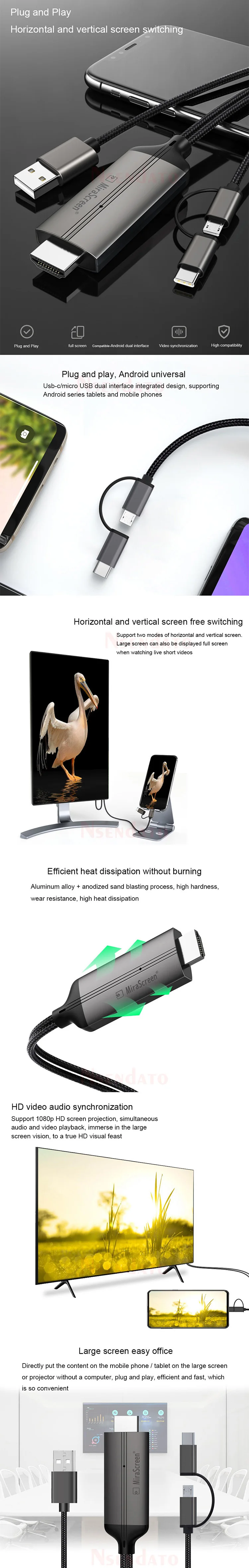 Mirascreen LD36 Wire HD Streaming Display TV Stick Dongle USB Type C Cable Plug Play Mirroring Screen for Andriod HDTV