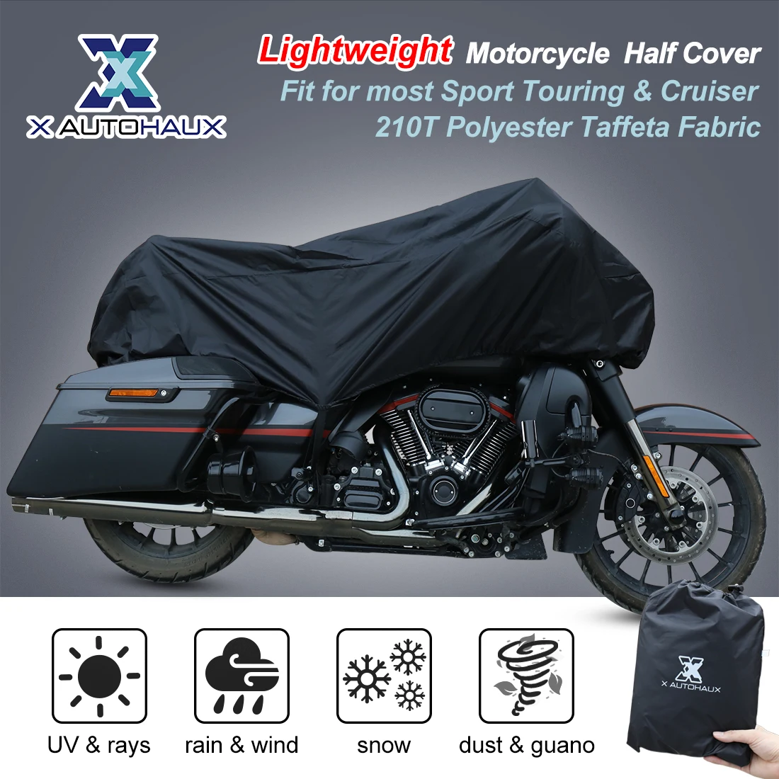 X Autohaux 210T Half Motorcycle Cover Travel Waterproof Outdoor Dustproof Rain Dust Anti UV Motor Scooter Protector Cover M L XL