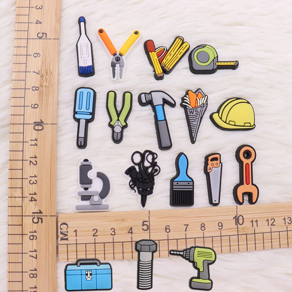 1-17PCS PVC Shoe Charms Fit Wristbands Tool Brush Pliers Scissors Screwdriver Wrench Hammer Hole Slipper Shoe Decoration Buckle