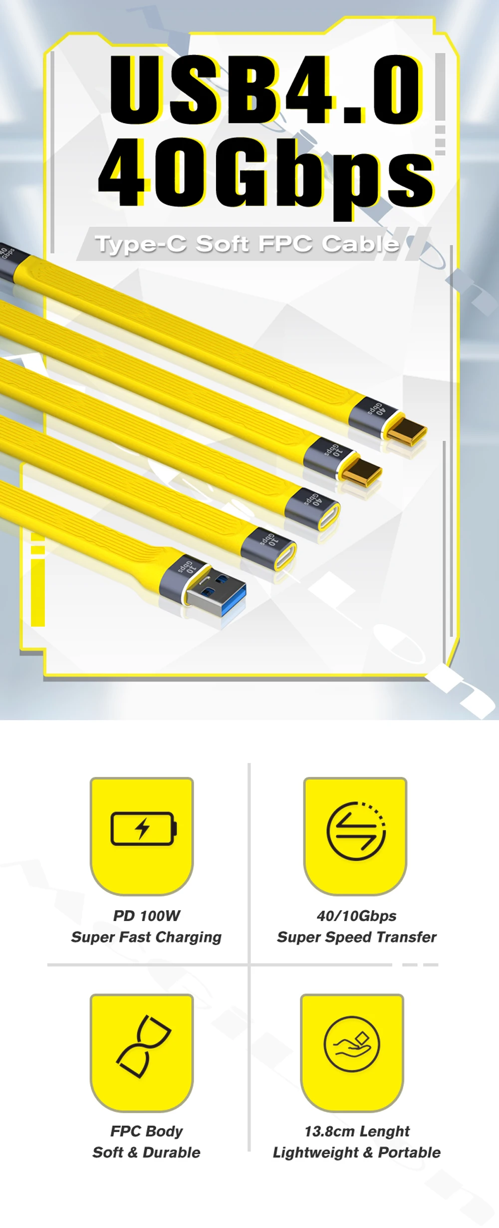 5A Fast Charging Short Cable USB C to C Cable 10Gbps 40Gbps Data Cable Thunderbolt 3 QC4 Cable For Macbook Pro Laptop Cellphone