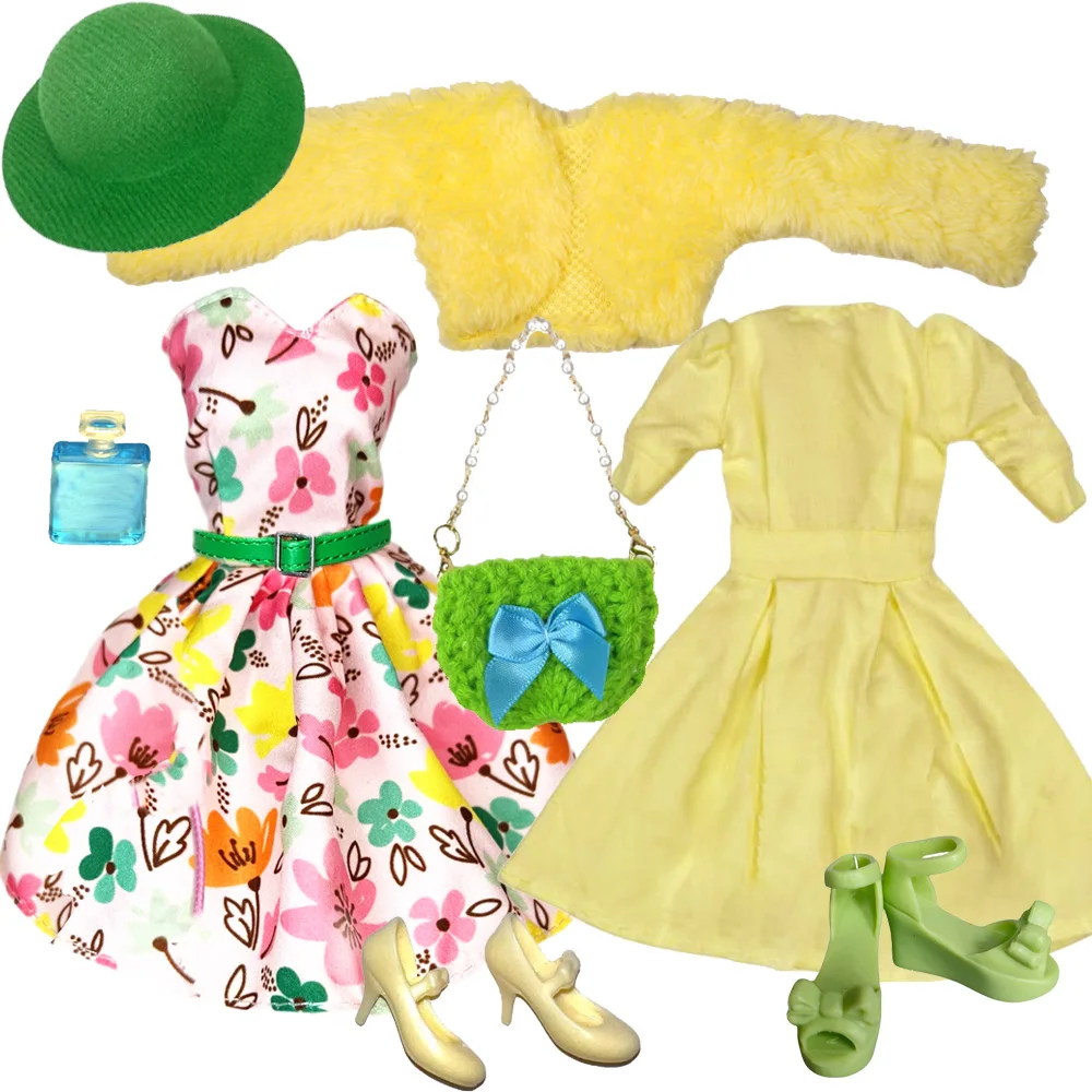 Elegant Doll Outfit for 1/6 Doll Fashion Doll Pink Houndstooth Dress Hat Gold Belt Handbag with Shoes set