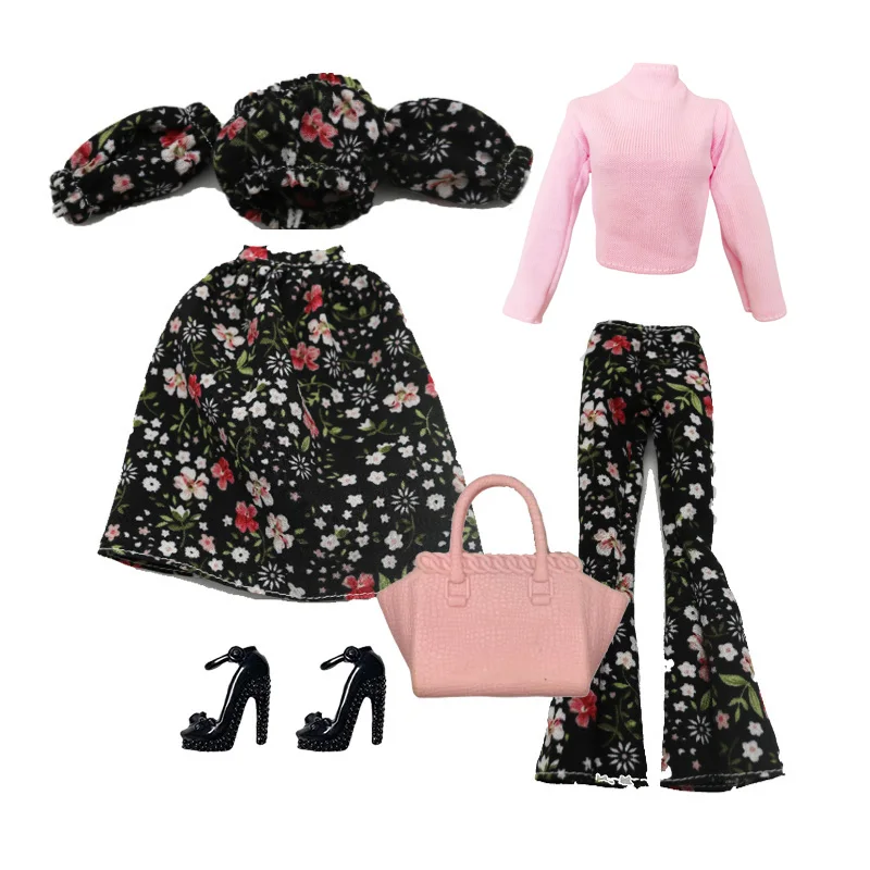 Elegant Doll Outfit for 1/6 Doll Fashion Doll Pink Houndstooth Dress Hat Gold Belt Handbag with Shoes set