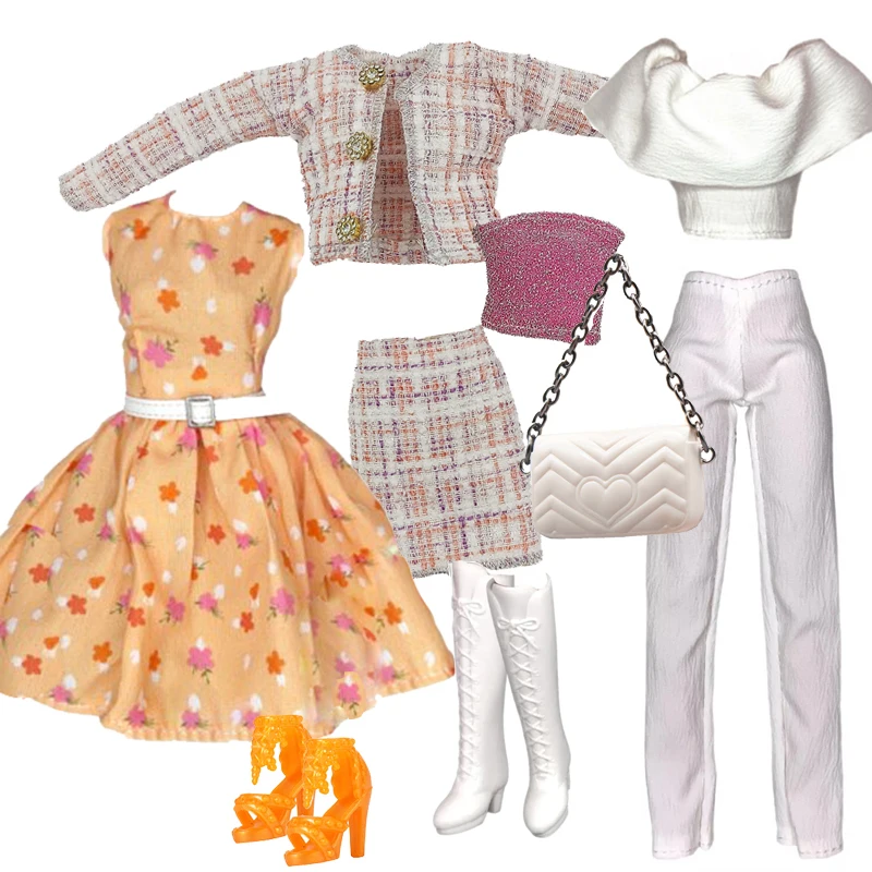 Elegant Doll Outfit for 1/6 Doll Fashion Doll Pink Houndstooth Dress Hat Gold Belt Handbag with Shoes set