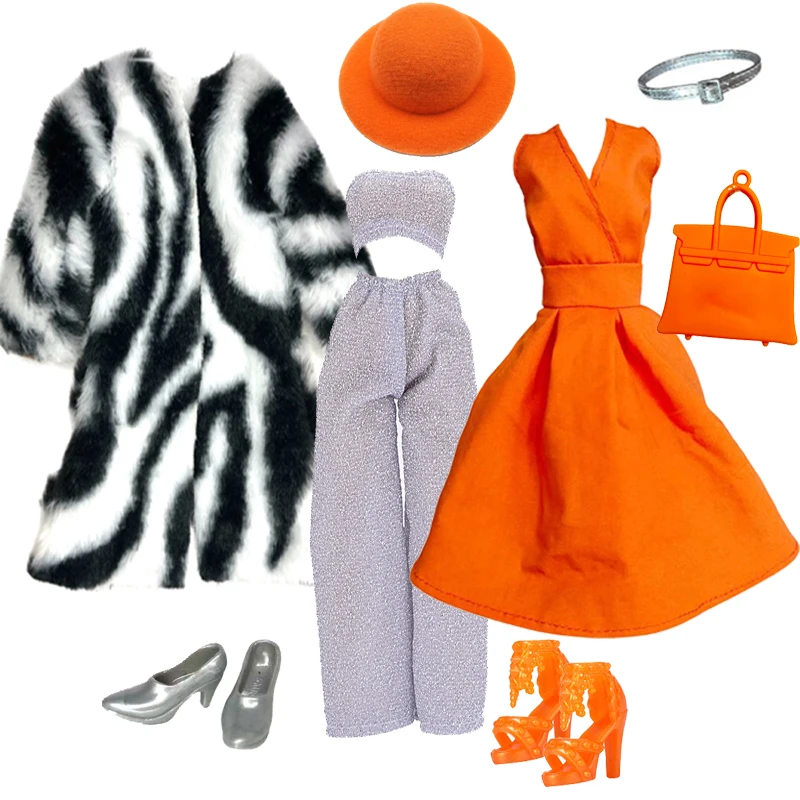 Elegant Doll Outfit for 1/6 Doll Fashion Doll Pink Houndstooth Dress Hat Gold Belt Handbag with Shoes set