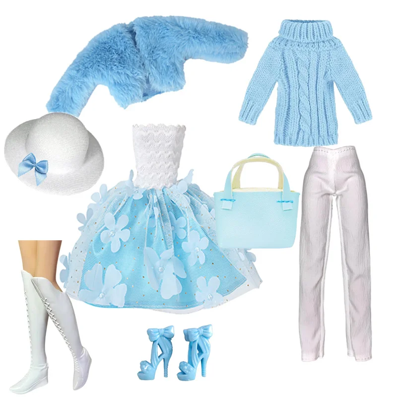 Elegant Doll Outfit for 1/6 Doll Fashion Doll Pink Houndstooth Dress Hat Gold Belt Handbag with Shoes set