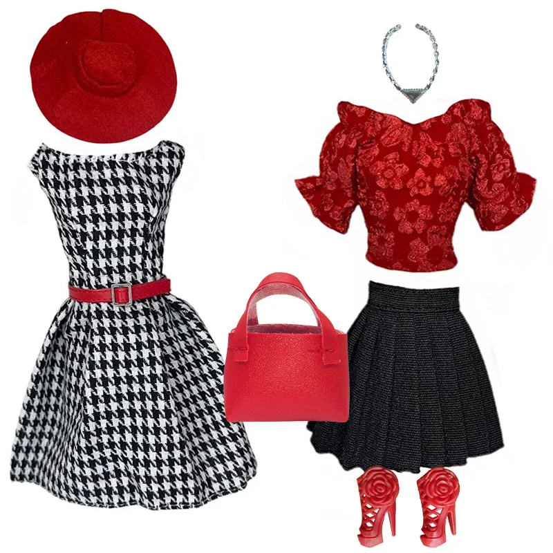 Elegant Doll Outfit for 1/6 Doll Fashion Doll Pink Houndstooth Dress Hat Gold Belt Handbag with Shoes set