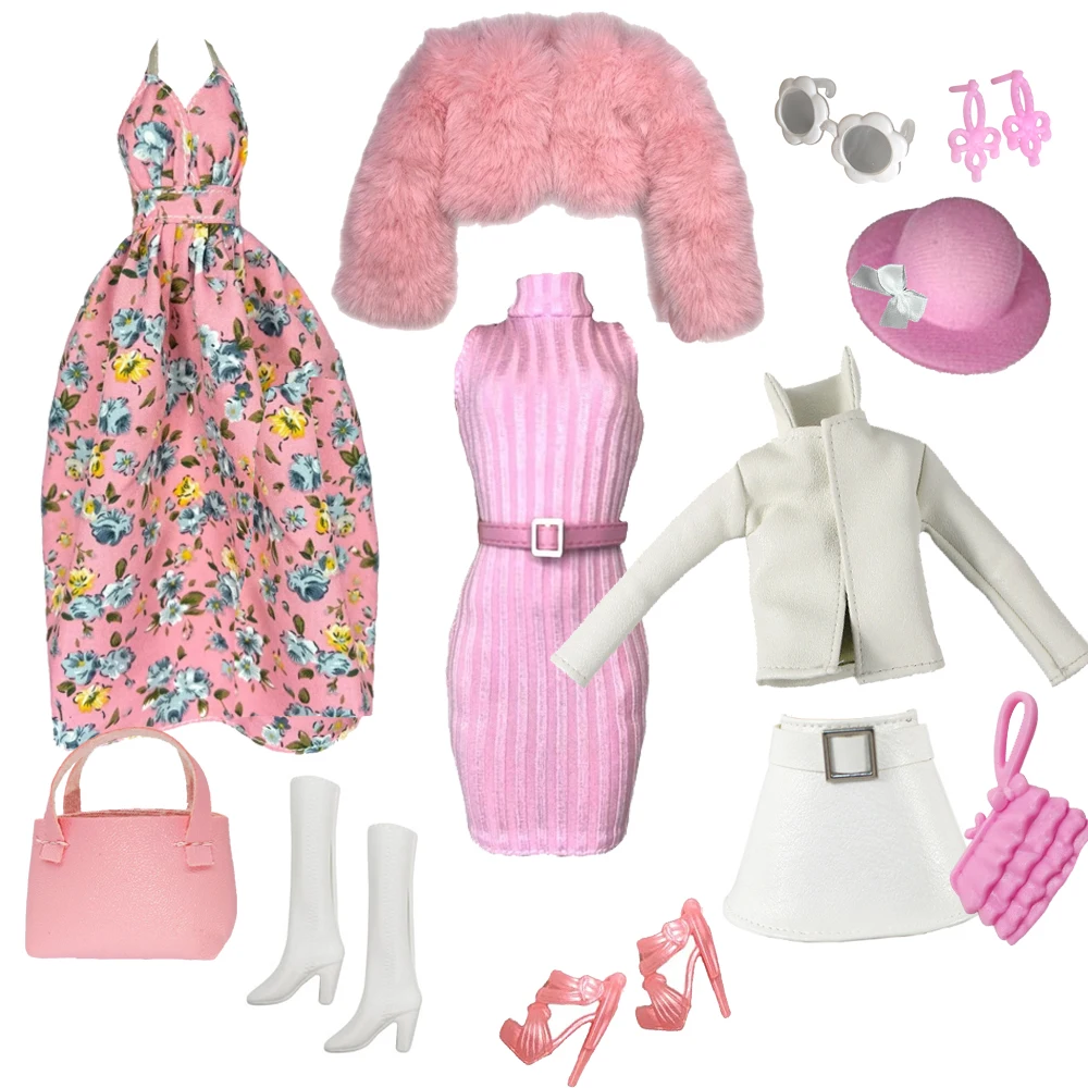 Elegant Doll Outfit for 1/6 Doll Fashion Doll Pink Houndstooth Dress Hat Gold Belt Handbag with Shoes set
