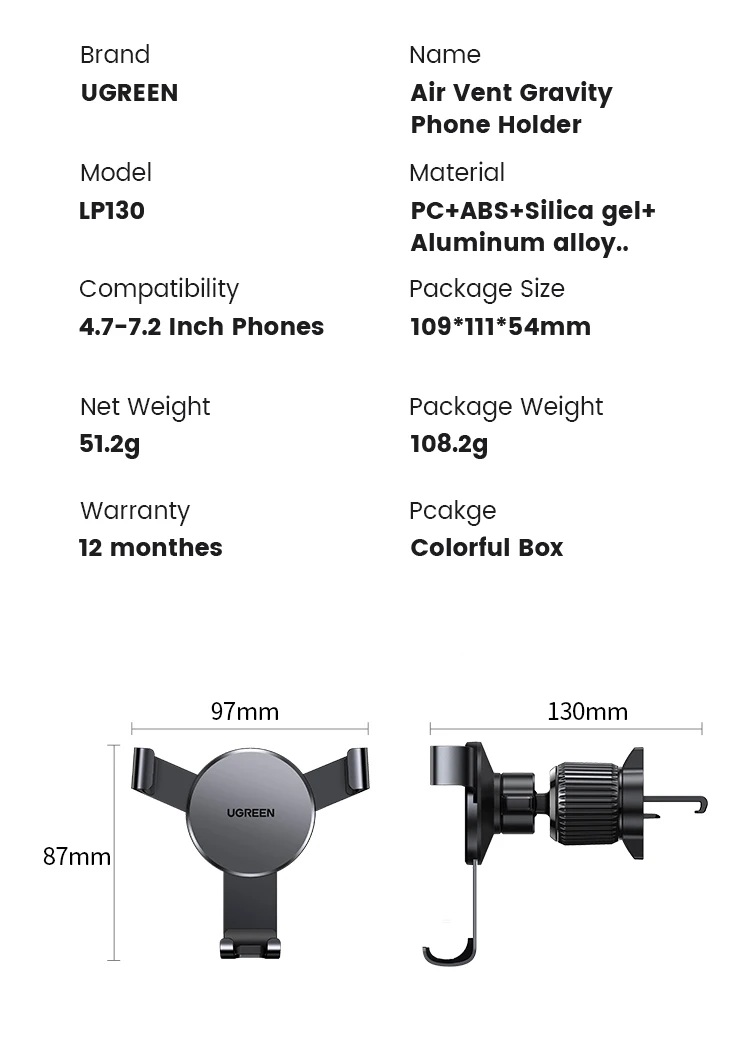 【New-in Sale】UGREEN Car Phone Holder Gravity Phone Stand For Xiaomi Samsung iPhone 16 15 14 Pro Max Air Vent Car Holder Stand