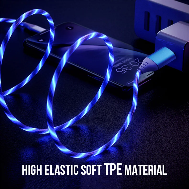 3A Glowing Cable Flowing LED light Micro USB Type C Cables For Samsung iPhone 13 Xiaomi Huawei Mobile Phone Charging Wire Cord