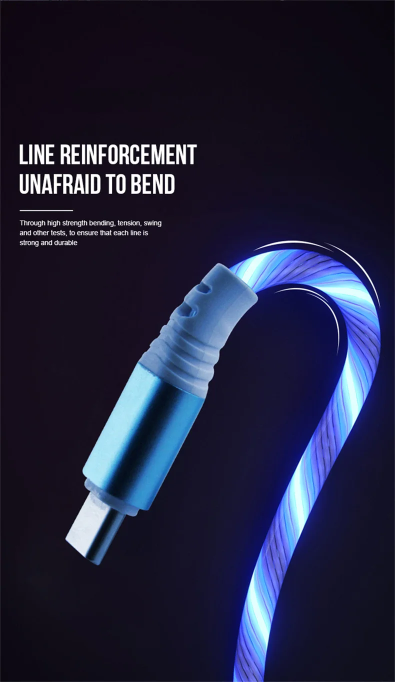 3A Glowing Cable Flowing LED light Micro USB Type C Cables For Samsung iPhone 13 Xiaomi Huawei Mobile Phone Charging Wire Cord