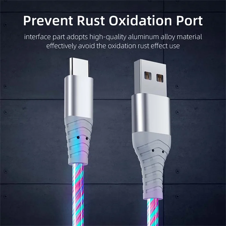 3A Glowing Cable Flowing LED light Micro USB Type C Cables For Samsung iPhone 13 Xiaomi Huawei Mobile Phone Charging Wire Cord