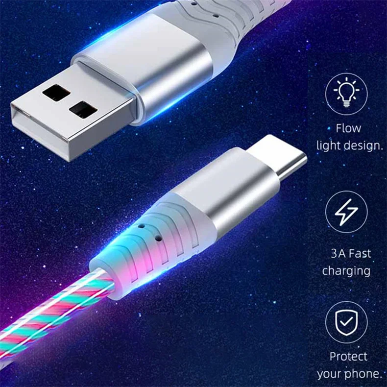 3A Glowing Cable Flowing LED light Micro USB Type C Cables For Samsung iPhone 13 Xiaomi Huawei Mobile Phone Charging Wire Cord