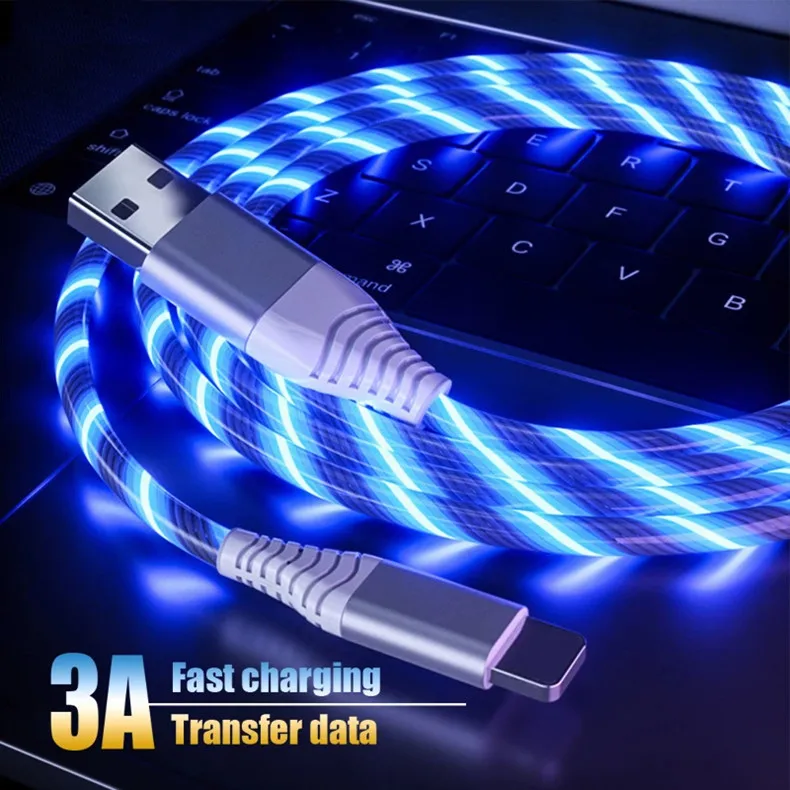 3A Glowing Cable Flowing LED light Micro USB Type C Cables For Samsung iPhone 13 Xiaomi Huawei Mobile Phone Charging Wire Cord