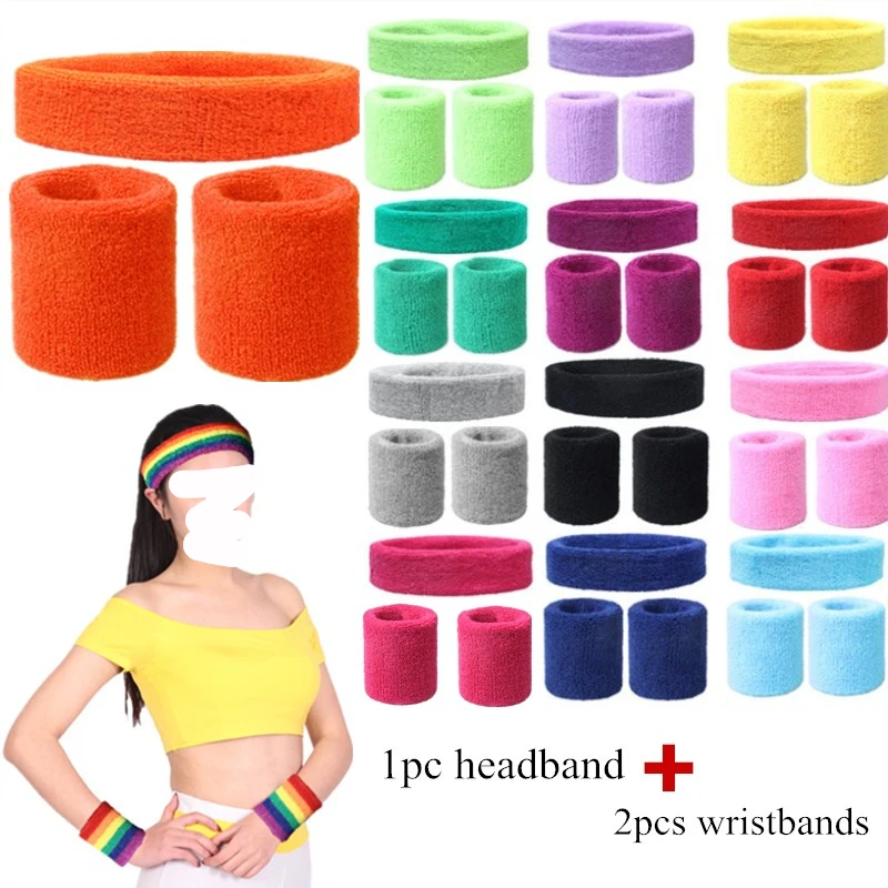 Fashion Sports Headband and Wristband Towel Set Sweatband Cotton Wrist Band Bracers for Women Men Cycling Gym Basketball Tennis