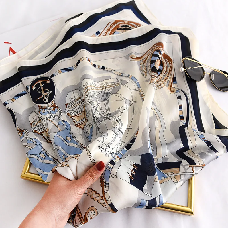 90*90cm Women Square Silk Scarf Luxury Brand Large Shawl Neckerchief Print Headband Female Foulard Bandana Wraps Hijab Scarves