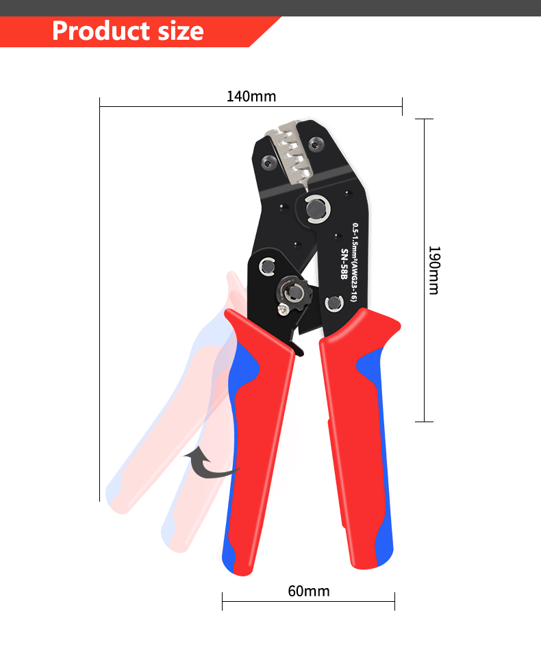 Ratchet crimping tool SN-58B crimping pliers XH2.54/DuPont2.54/2.8/4.8/6.3/uninsulated/ferrule terminals 0.5-1.5mm ²/ AWG23-16