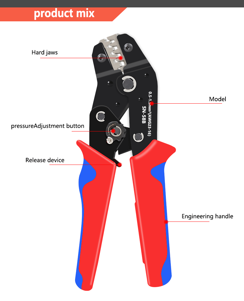 Ratchet crimping tool SN-58B crimping pliers XH2.54/DuPont2.54/2.8/4.8/6.3/uninsulated/ferrule terminals 0.5-1.5mm ²/ AWG23-16
