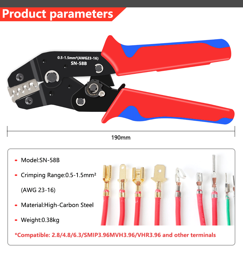 Ratchet crimping tool SN-58B crimping pliers XH2.54/DuPont2.54/2.8/4.8/6.3/uninsulated/ferrule terminals 0.5-1.5mm ²/ AWG23-16