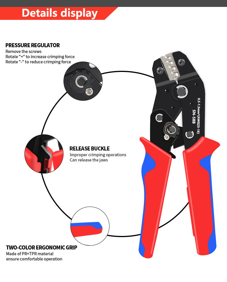 Ratchet crimping tool SN-58B crimping pliers XH2.54/DuPont2.54/2.8/4.8/6.3/uninsulated/ferrule terminals 0.5-1.5mm ²/ AWG23-16