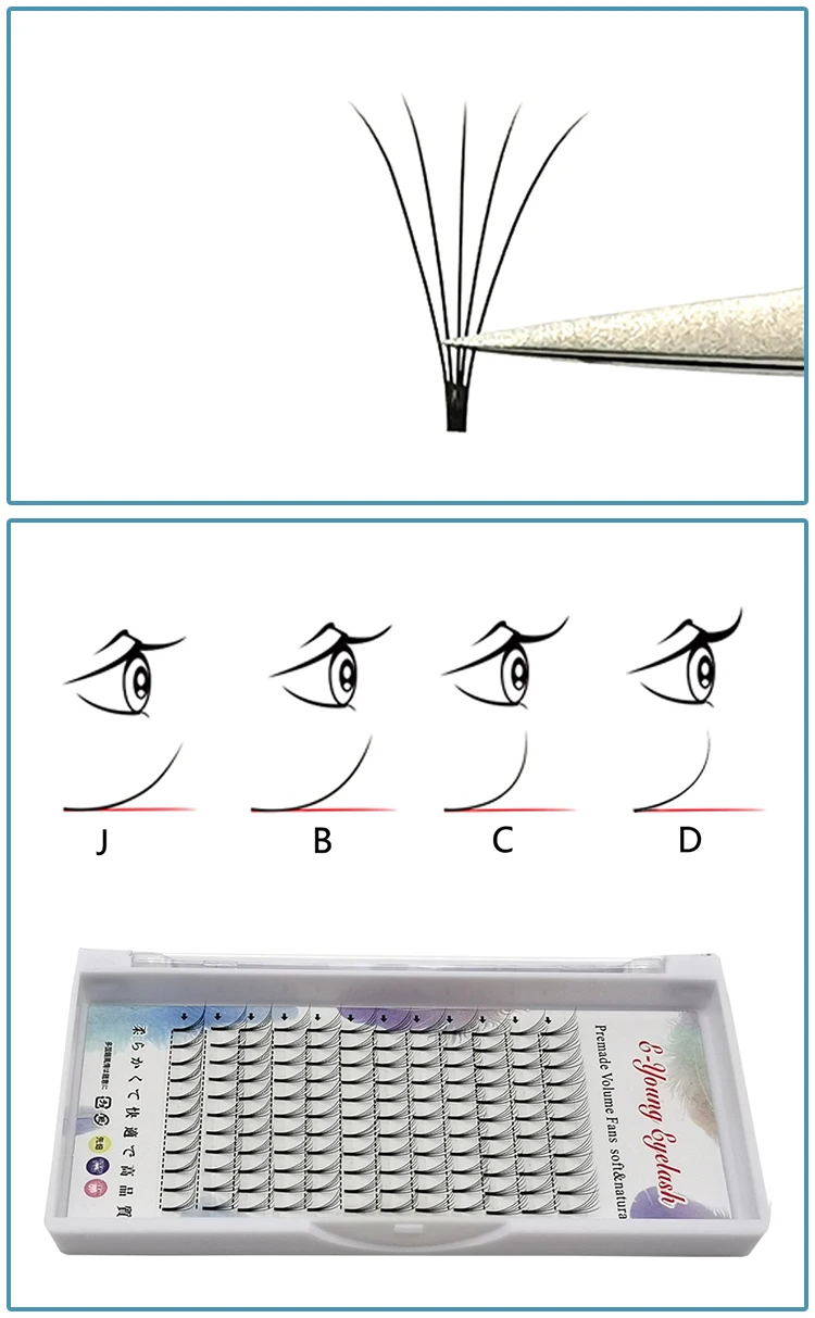 E-young 2d Premade Lashes Volume Fans Short Stem C/D Curl 0.1mm Natural False Eyelashes Extensions Premade Fans Wholesale Makeup
