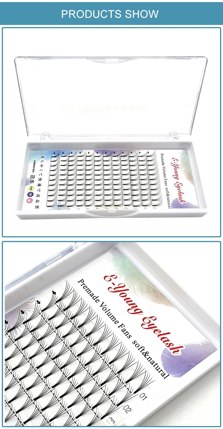 E-young 2d Premade Lashes Volume Fans Short Stem C/D Curl 0.1mm Natural False Eyelashes Extensions Premade Fans Wholesale Makeup