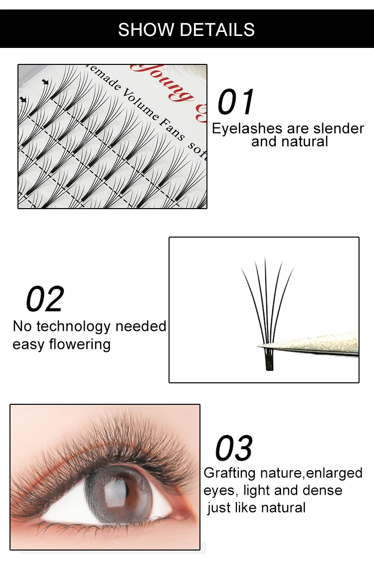 E-young 2d Premade Lashes Volume Fans Short Stem C/D Curl 0.1mm Natural False Eyelashes Extensions Premade Fans Wholesale Makeup