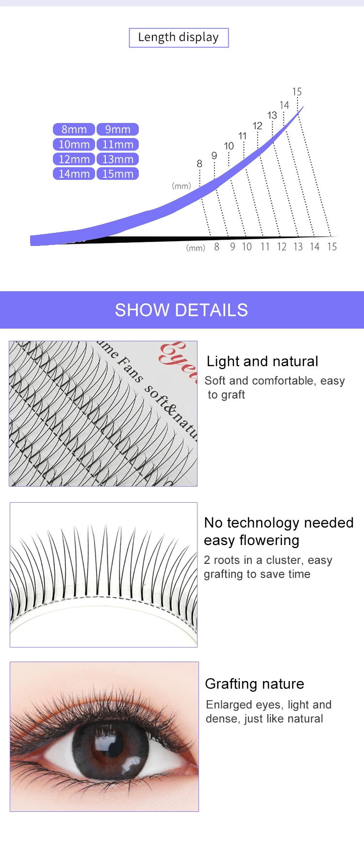 E-young 2d Premade Lashes Volume Fans Short Stem C/D Curl 0.1mm Natural False Eyelashes Extensions Premade Fans Wholesale Makeup